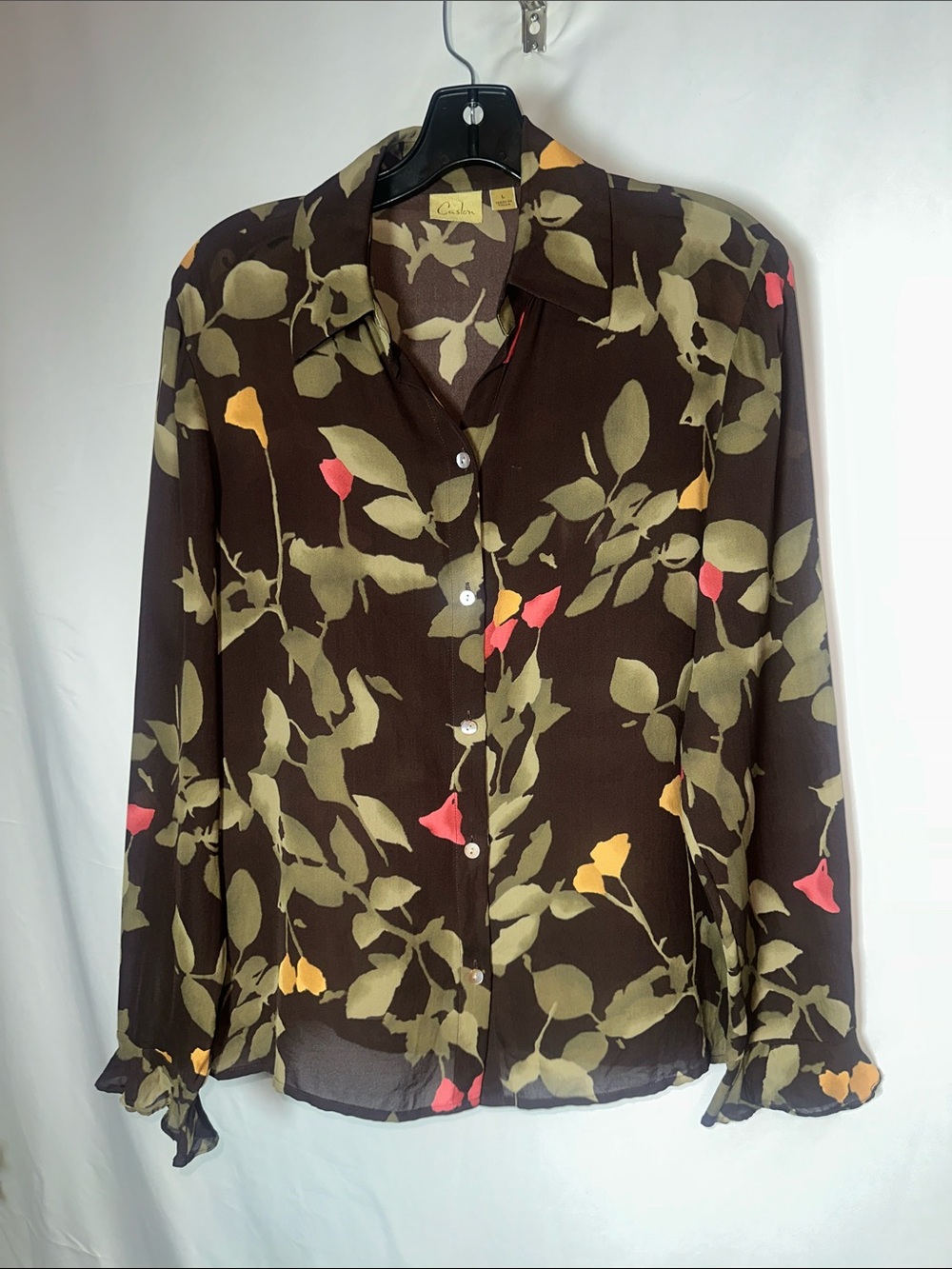 Caslon Brown Floral Button-Up Blouse with Olive and Coral Accents - Picture 1 of 6